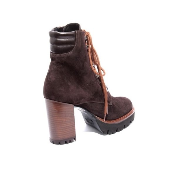 Italian Brown Suede Lace-Up Zip-Up Ankle Heel Boots - Picture 4 of 8